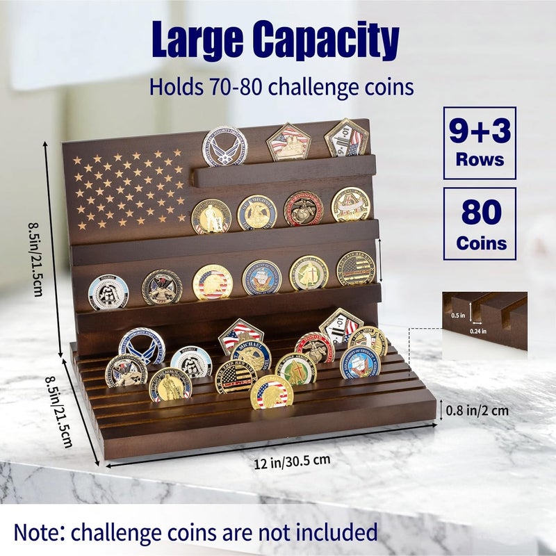 Yncotte Challenge Coin Display,Wooden Military Coin Holder Display for Desktop or Award Ceremony, Deepened Anti-Slip Grooves Large Capacity of 80 Coins (Walnut) - Image 3